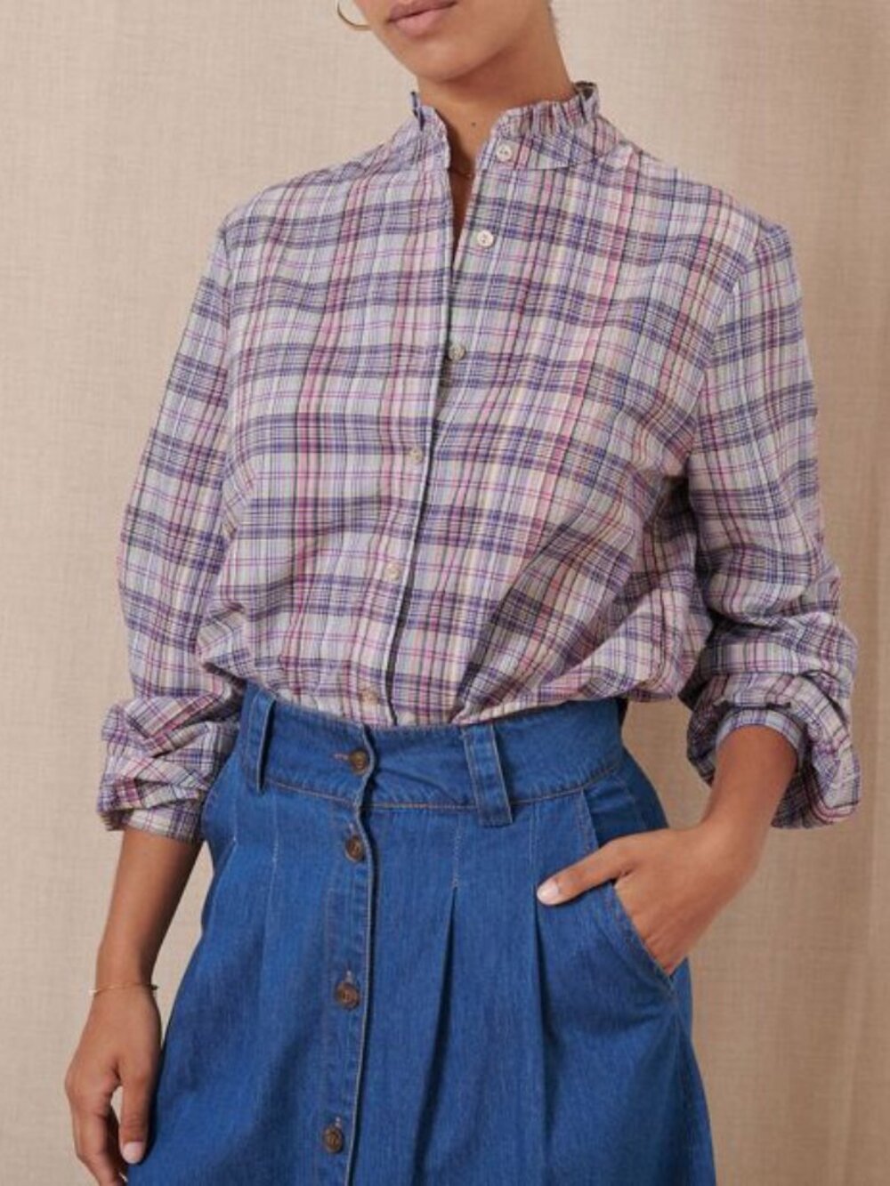 Garance Purple Plaid Button-down Blouse, Cotton